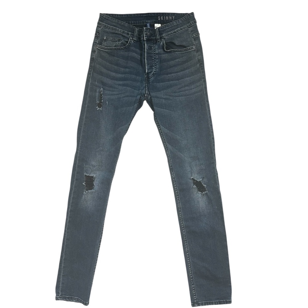 ⭐️   Men's Skinny Fit Distressed Jeans - Deep Blue with Black Distressed Rips